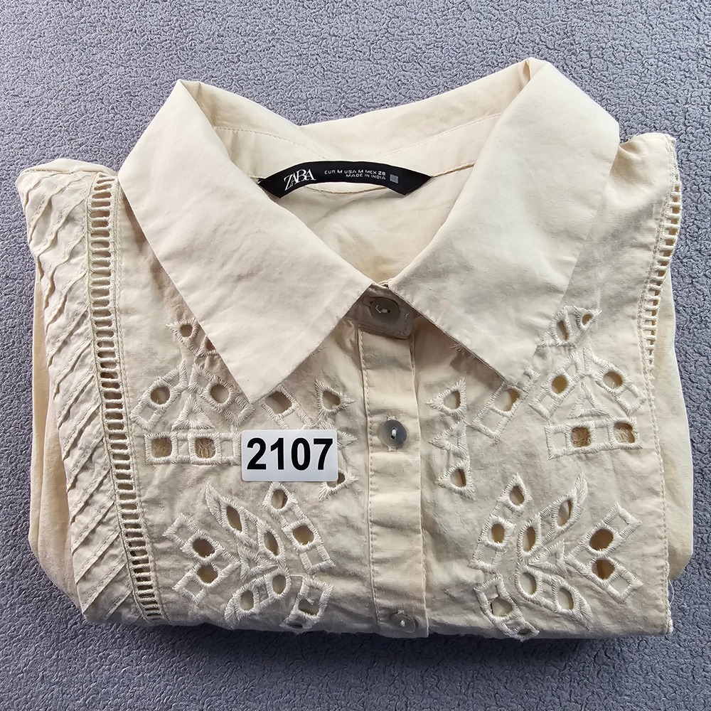 Zara Shirt Dress Womens Medium Cream Eyelet Embroidered Long Sleeve Button-Front - Picture 8 of 8